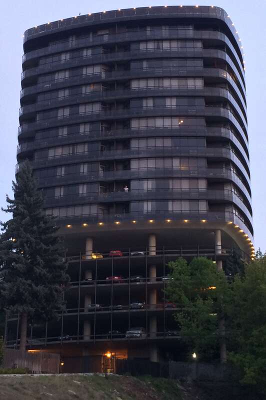 The Riverfalls tower viewed from West Maine Avenue in Spokane, Washington, USA.