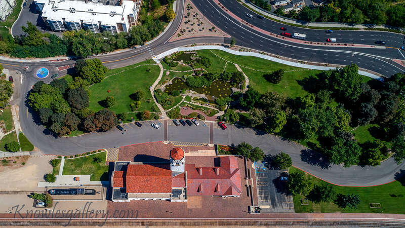 City park at the base of the clock tower of a train depot Boise

If you would like to see more aerial images of Boise please visit: <a href="http://www.knowlesgallery.com/Photography/Landscape/Boise-Idaho-and-Sourroundings/" rel="noreferrer