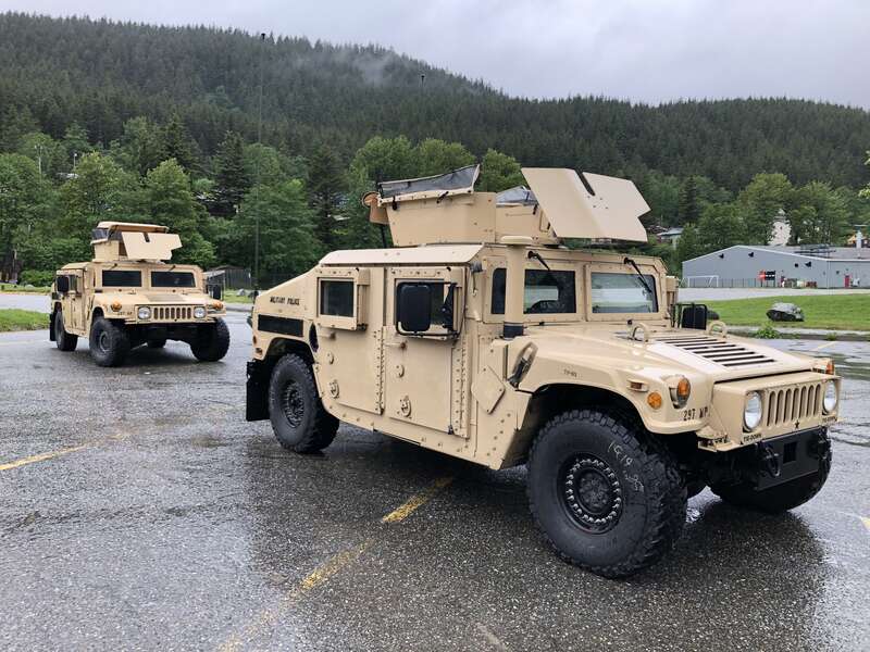 Armored Humvees of the 297th Military Police Company are seen on a maintenance drive at Sandy Beach in Juneau, Alaska on Monday, June 1, 2020. (James Brooks photo)