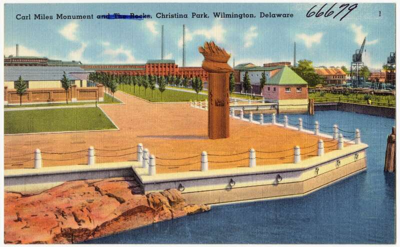 Title: Carl Miles monument, Christina Park, Wilmington, Delaware
Subjects: Monuments &amp; memorials; Parks
Places: Delaware > New Castle (county) > Wilmington
Notes: Title from item.
Extent: 1 print (postcard) : linen texture, color ; 3 1/2 x