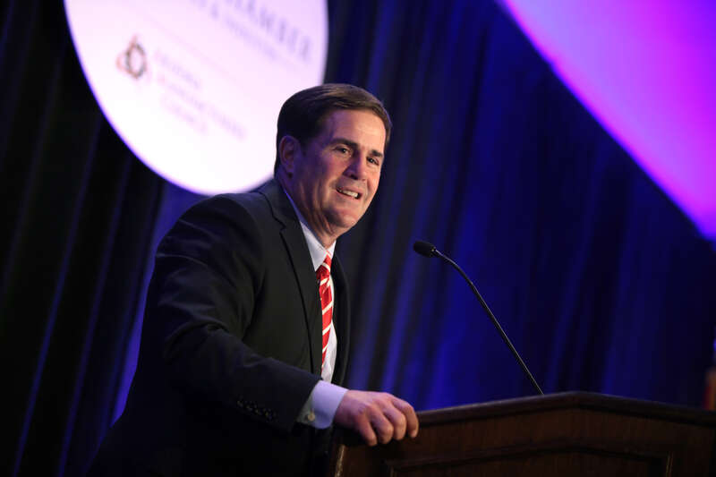 Governor Doug Ducey speaking at the Arizona Chamber of Commerce &amp; Industry's Leadership Series luncheon with U.S. Senator Marco Rubio of Florida in Phoenix, Arizona.

Please attribute to Gage Skidmore if used elsewhere.