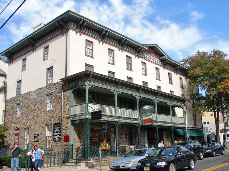 Lambertville (NJ) House, on NRHP since September 6, 1978. At 32 Bridge St. in Lambertville, NJ very close to the Delaware River (30 yards?)