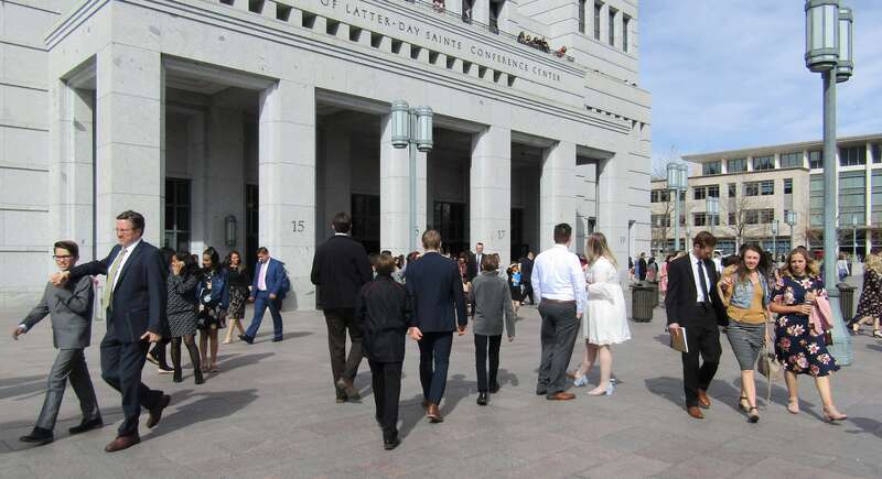 People leaving the Conference Center after the Saturday Afternoon Session of General Conference in 2018.