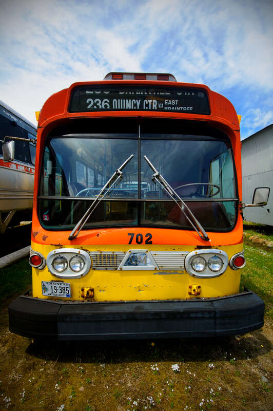 SRTA / Union Street Bus Company #702 at Seashore Trolley Museum in May 2012. It was built for the Eastern Massachusetts Street Railway as GM New Look #3550 and later ran for Short Line before the SRTA takeover. It has a rollsign for MBTA route #236,