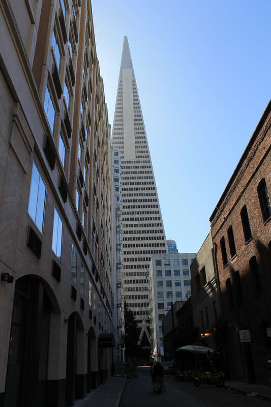 Transamerica Pyramid as seen from Merchant Street.