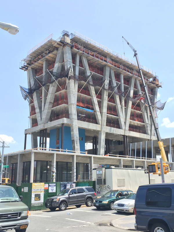 The William Vale Hotel is a high-rise hotel under construction at 55 Wythe Avenue in Williamsburg in Brooklyn, New York City, New York. Photographed by Quercus montana on June 10, 2015.