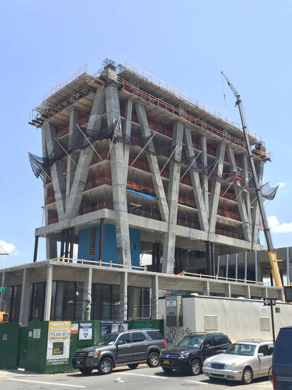 The William Vale Hotel is a high-rise hotel under construction at 55 Wythe Avenue in Williamsburg in Brooklyn, New York City, New York. Photographed by Quercus montana on June 10, 2015.
