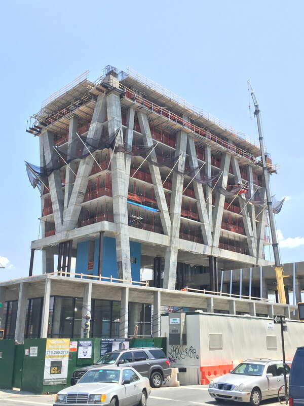 The William Vale Hotel is a high-rise hotel under construction at 55 Wythe Avenue in Williamsburg in Brooklyn, New York City, New York. Photographed by Quercus montana on June 10, 2015.
