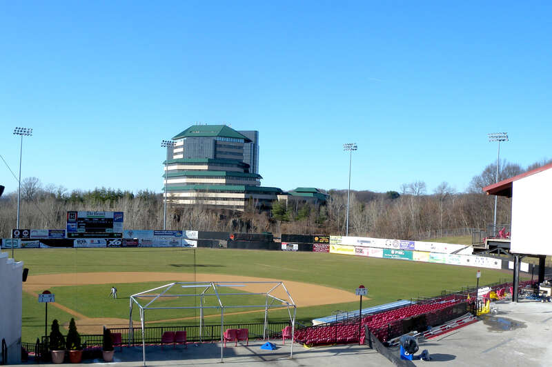 Looking north into en:Yogi Berra Stadium on a sunny afternoon.