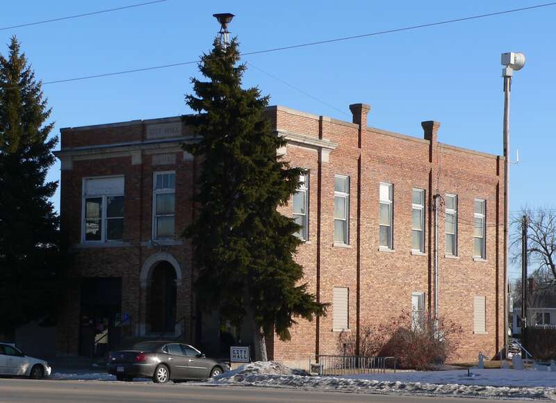 Cedar Rapids City Hall and Library in Cedar Rapids, Nebraska; seen from the northwest.  The Renaissance Revival building was constructed in 1913.  It is listed in the National Register of Historic Places.