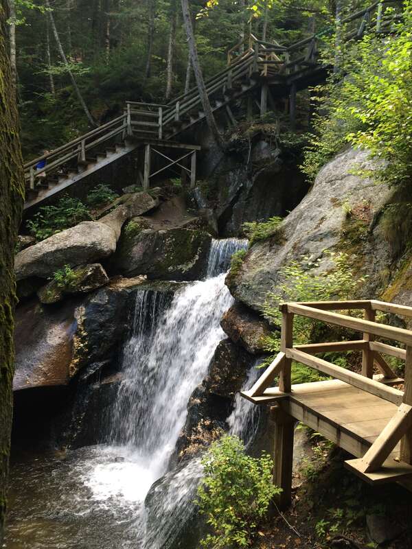 Paradise Falls with viewing platform in Lost River Gorge in Woodstock, New Hampshire