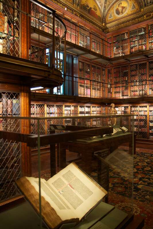 A Gutenberg Bible rests in a case in the library (east) room at the Morgan Library &amp; Museum in New York City.
