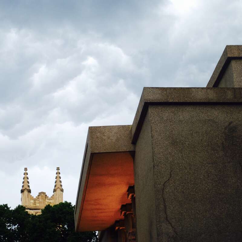 Frank Lloyd Wright's Unity Temple in foreground. First United Church of Oak Park steeple in background.