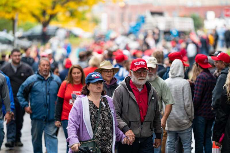 Rallygoers lined up to enter the Target Center arena for a Donald J. Trump for President rally in Minneapolis, Minnesota.