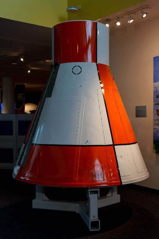 A Gemini drop test vehicle on display at the Virginia Air and Space Center in Hampton, Virginia.