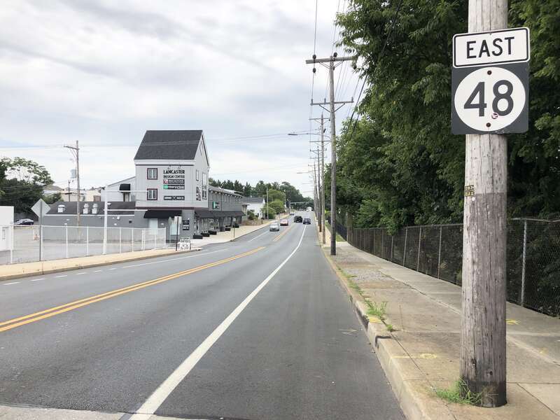 View east along Delaware State Route 48 (Lancaster Avenue) at Greenhill Avenue in Wilmington, New Castle County, Delaware