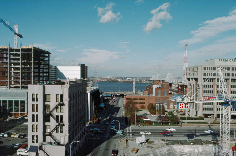 Looking N from roof of Levy Building at NE corner of 3rd and Market Sts.
In right foreground, construction of foundation of One Corporate Plaza at SE corner of 3rd and Main Sts. (later LG&amp;E corporate offices).
Left of center, 300 Building (also