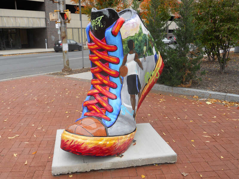 "City Courts" basketball shoe art © 2010 Phoebe Siter, example of the Springfield, Massachusetts "Art &amp; Soles" urban public art initiative of 2010. Nineteen painted basketball shoes were displayed in public spaces in Springfield to draw attention