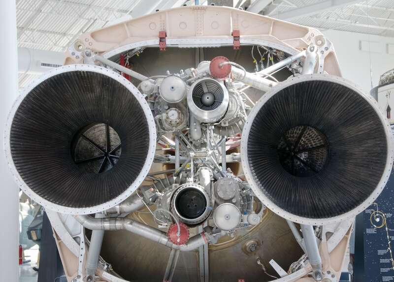 Bottom of First Stage of Titan IVB rocket, showing the two nozzles of the LR87 rocket engine (regarded as a single engine). Seen at the Evergreen Aviation &amp; Space Museum in McMinnville, Oregon.