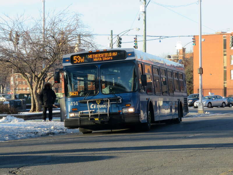 CT Transit route 53W bus on Wethersfield Avenue at Main Street in December 2017