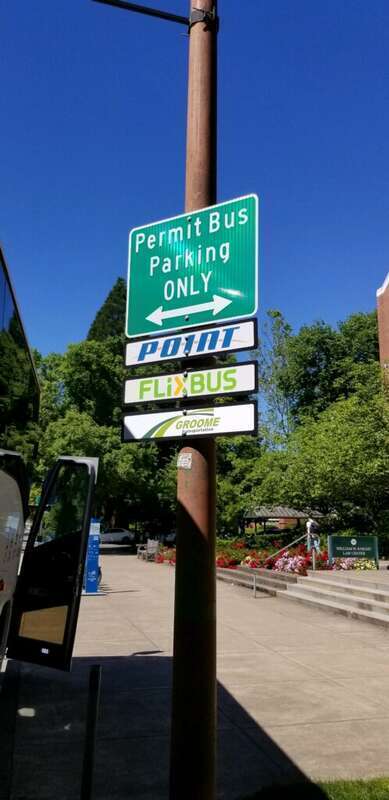 In addition to stopping at the Eugene Amtrak Station, the Cascades POINT stops here outside the School of Law at E 15th and Agate street.
Information about stops, schedules, and tickets can be found at <a href="https://www.oregon-point.com"