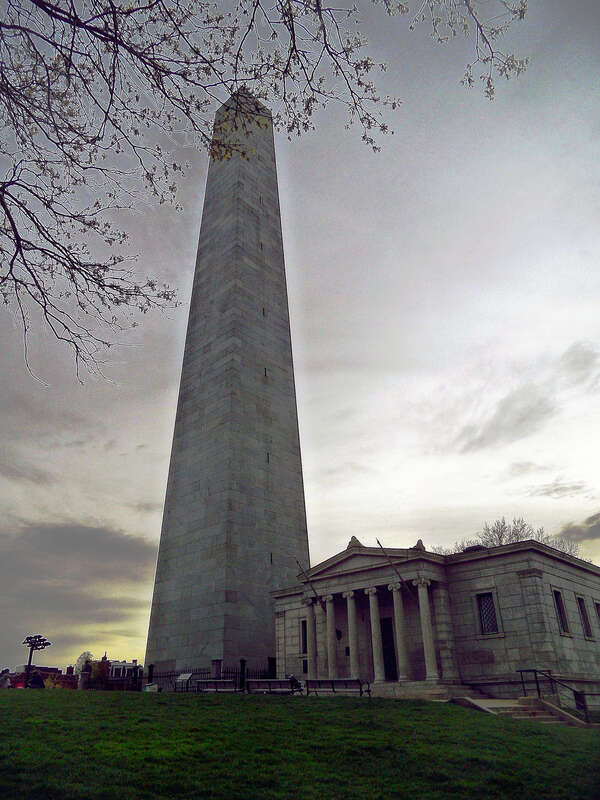 Boston, MA - Charlestown: Bunker Hill Monument and Pavillon, northeast view, in twilight; in April 2019