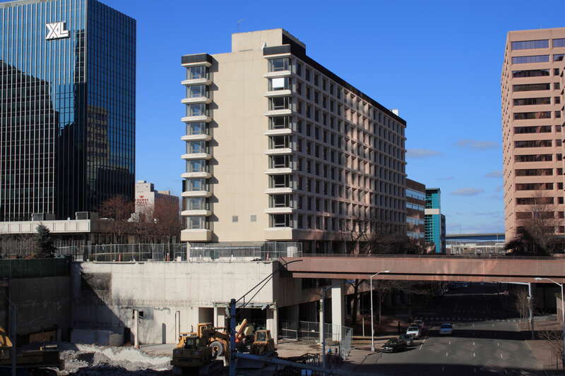 The former Clarion Hotel building in Hartford, Connecticut, with the recently-demolished Broadcast House site in the foreground