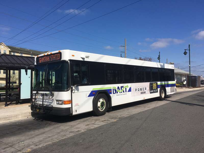 DART First State Gillig Advantage bus #447 on the Route 6 line at the Newark Transit Hub in Newark, Delaware