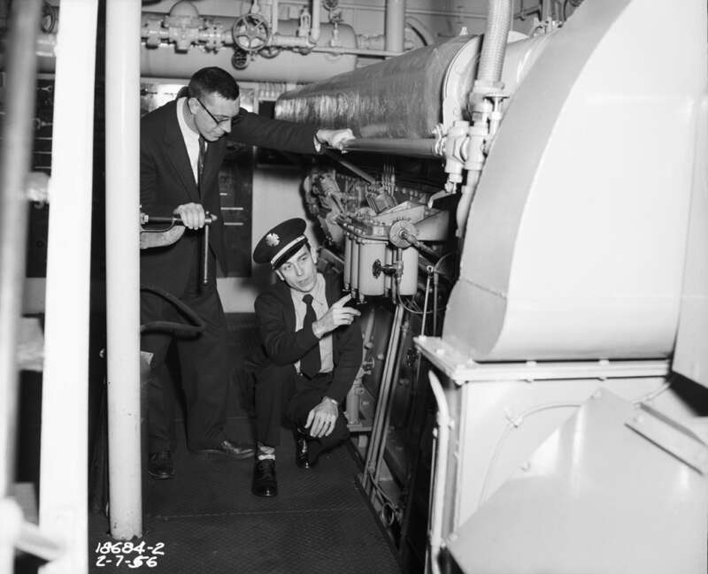 Interior of unidentified fireboat, Seattle, Washington, U.S., 1956. Presumably this is either the Alki or the Duwamish, which were the two fireboats in service in the city at that time.