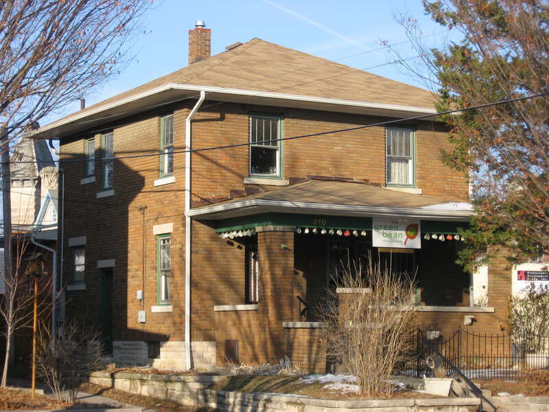 Front and western side of the Green Bean, located at 410 W. Fourth Street in Bloomington, Indiana, United States.  Built in 1927, it is a part of the Bloomington West Side Historic District, a historic district that is listed on the National Register