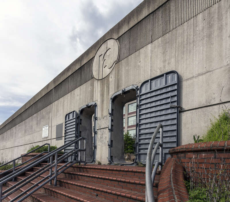 Flood doors in the north bank James River flood wall, Richmond, Virginia, USA at Shockoe Bottom