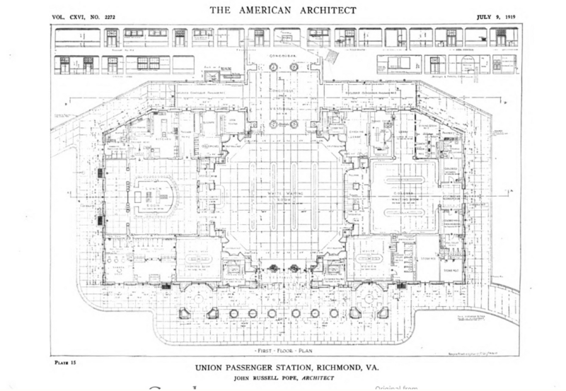 Main floor plan of Richmond Broad Street Station (originally Union Station), 2500 West Broad Street, Richmond, Virginia. Later, "Science Museum of Virginia". Opened 1917. Passenger rail services ended in 1975. Note the racially segregated waiting