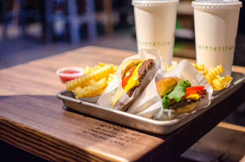 Shake Shack dinner in New Haven
Shake, "Shack burger," and "Shack fries" at the Shack Shack branch in downtown New Haven Connecticut.