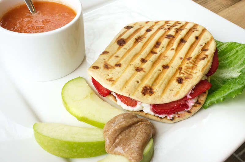 Strawberry &amp; Goat Cheese Panini with
balsamic reduction, Tomato basil soup and Nut butter on apple slices at The Pantry in Crestline Village, Mountain Brook, Alabama

Jenny really likes this new restaurant