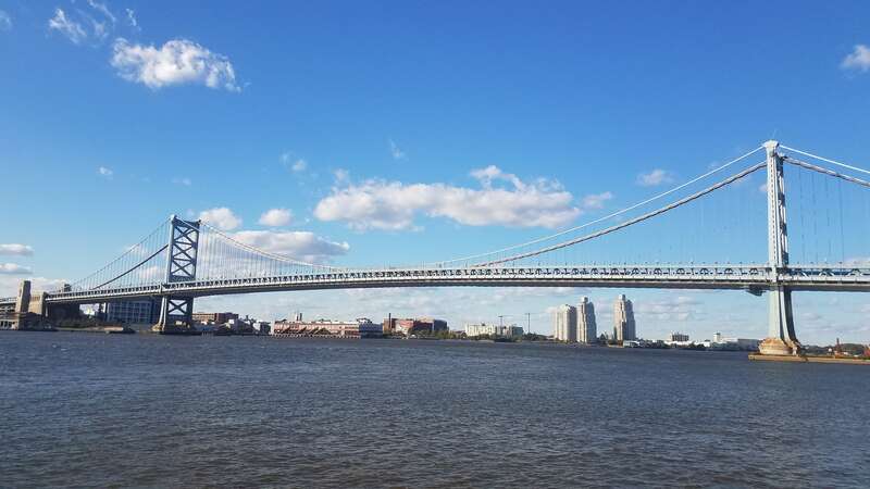 This is the Benjamin Franklin Bridge taken from the waterfront of Camden, NJ facing Northwest.