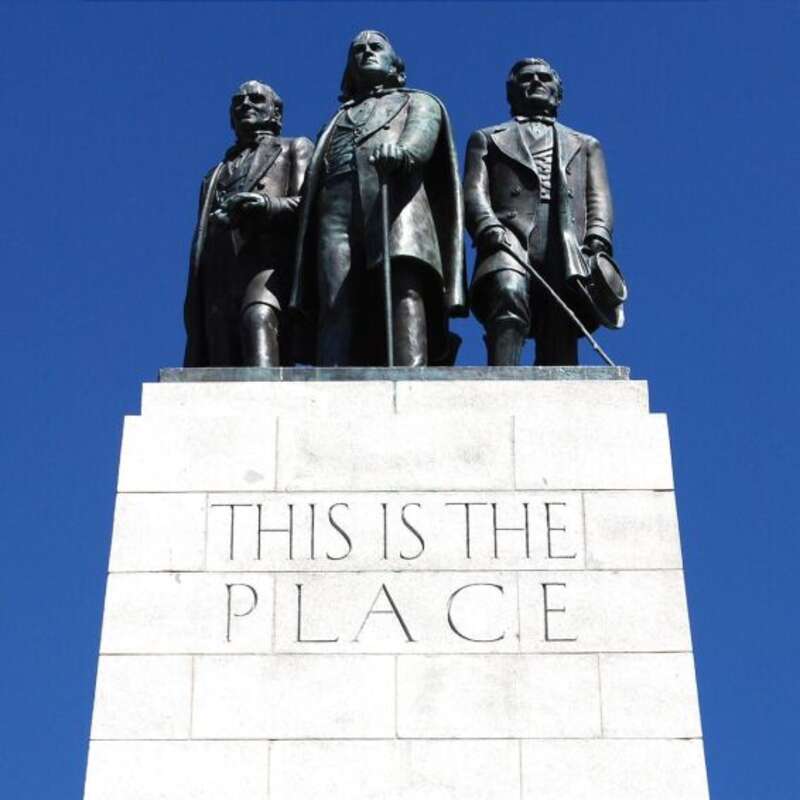"This is the right place". Statyn är skapad efter att kyrkans 2:e Profet: Brigham Young såg Salt Lake City, Utah som det förlovade landet