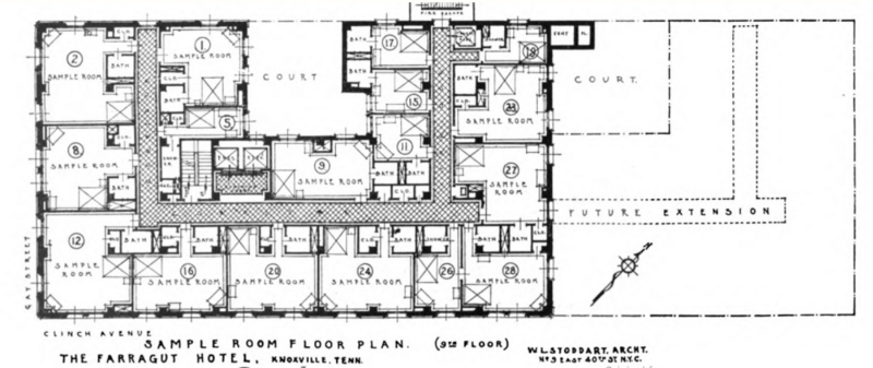 Original ninth floor plan of Hotel Farragut, now "Hyatt Place Knoxville". 530 South Gay Street at West Clinch Avenue, Knoxville, Tennessee. Built 1919. Major alterations to the floor plan have since been made. This floor plan was labeled "Sample Room