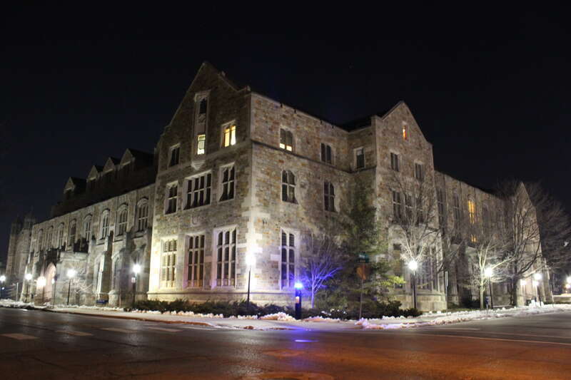 Hutchins Hall, University of Michigan Law School, 625 S. State St., Ann Arbor, Michigan. Hutchins Hall was dedicated in 1933. Camera location42° 16′ 23.54″ N, 83° 44′ 26.83″ W View this and other nearby images on: OpenStreetMap 42.273206;  -83.740786
