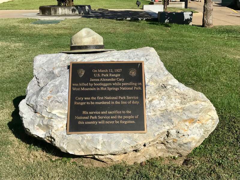 On March 12, 1927 U.S. Park Ranger James Alexander Cary was ,killed by bootleggers while patrolling on West Mountain in Hot Springs National Park.  Cary was the first National Park Service Ranger to be murdered in the line of duty.  His service and
