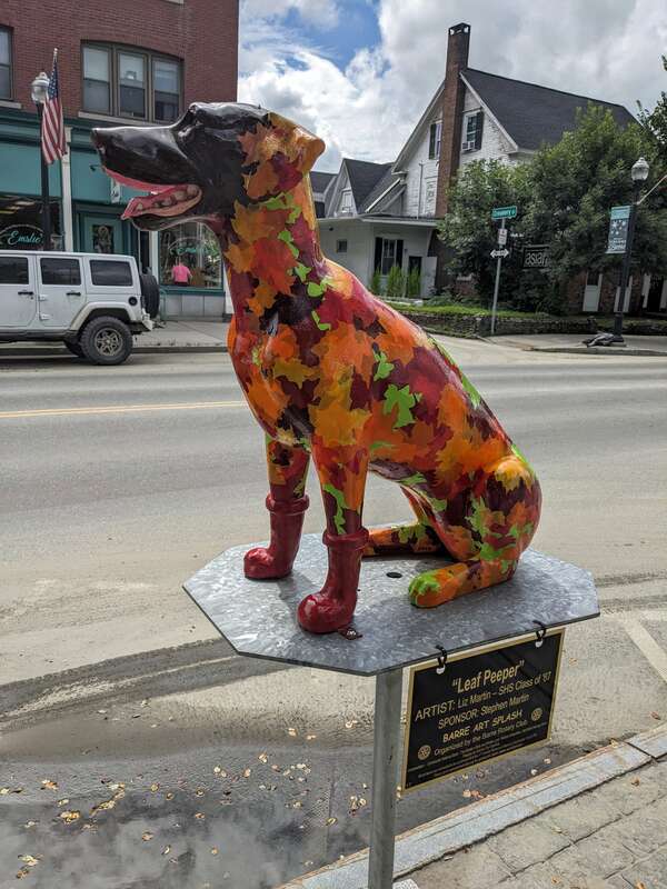 "Leaf Peeper" dog sculpture by Liz Martin, Barre Art Splash, on Main Street in downtown Barre, Vermont. Organized by the Barre Rotary Club.