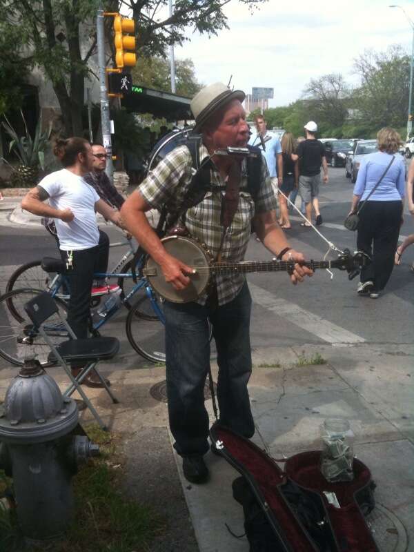 One-man band street performer on South Congress Avenue, Austin Texas