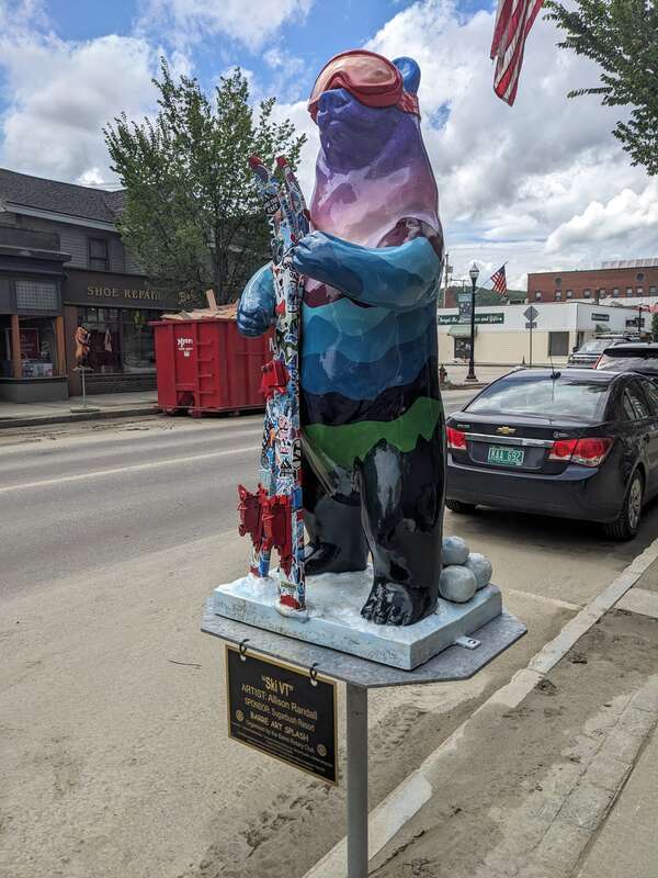 "Ski VT" bear sculpture by Allison Randall, Barre Art Splash, on Main Street in downtown Barre, Vermont. Organized by the Barre Rotary Club.
