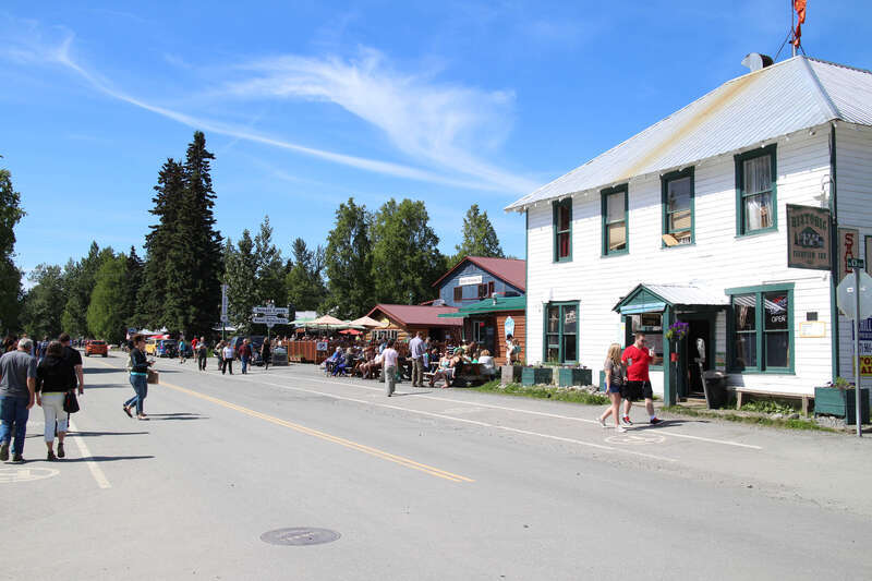 Tourists on E street in Talkeetna, Alaska in June 2015