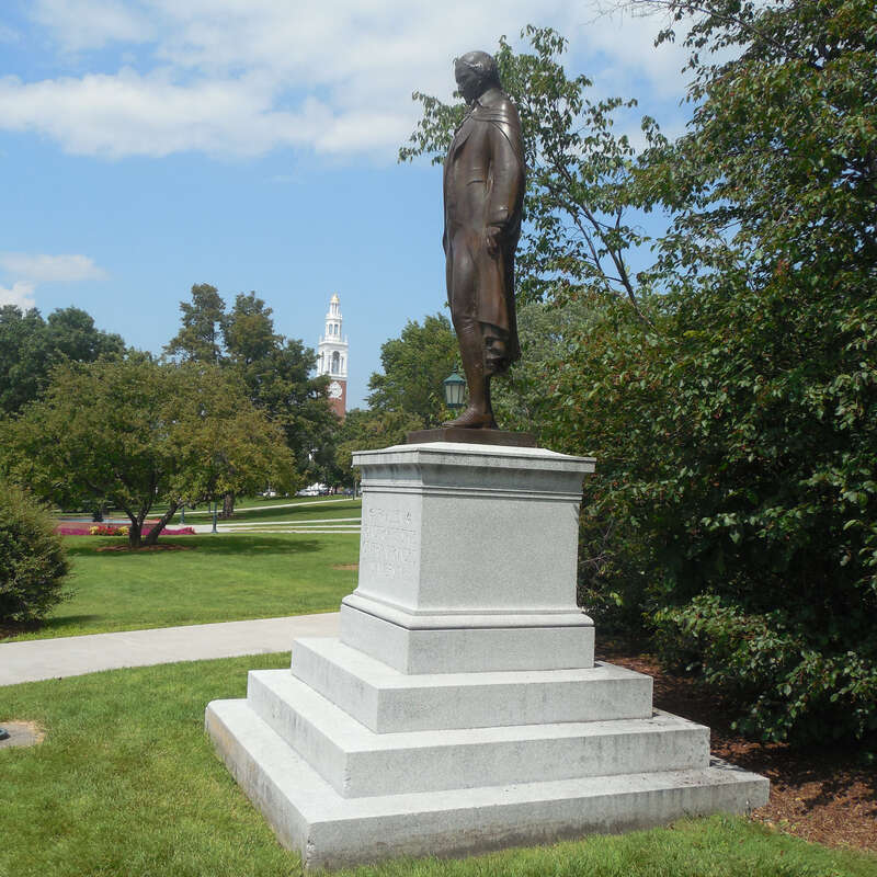 Bronze monument of UVM's founder, Ira Allen at the University Green, University of Vermont (Sculptor: Sherry Fry, circa 1921); Ira Allen Chapel in the background: 18 Jul 2015