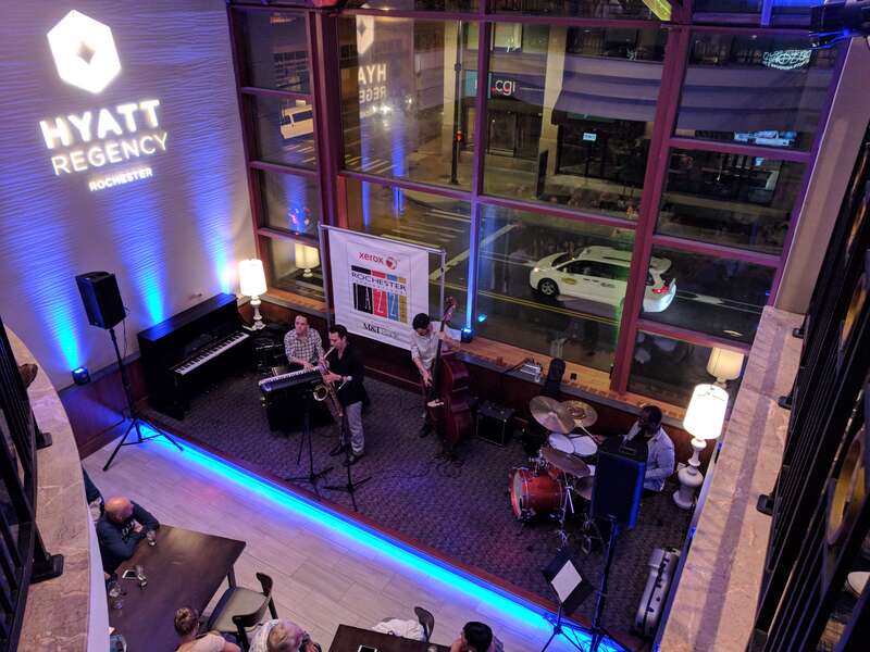 SUNY Brockport faculty member Karl Stabnau leads a late night jam session during the 2018 en:Rochester International Jazz Festival at the en:Hyatt Regency Rochester