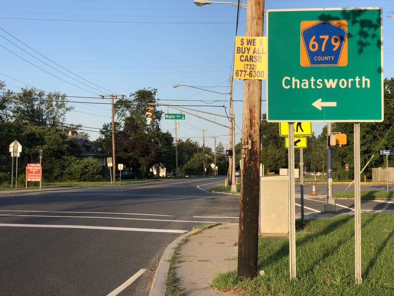 View north along U.S. Route 9 (New York Road) at Burlington County Route 679 (Maple Avenue) in Bass River Township, Burlington County, New Jersey