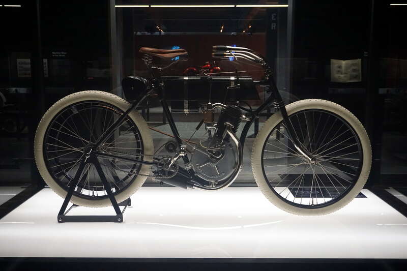 The circa-1903 Harley-Davidson "Serial Number One" (with an Atmospheric-Valve Single engine) at the Harley-Davidson Museum in Milwaukee, Wisconsin (United States).