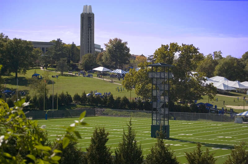Kansas Jayhawks football practice fields and tailgaters on "the hill"