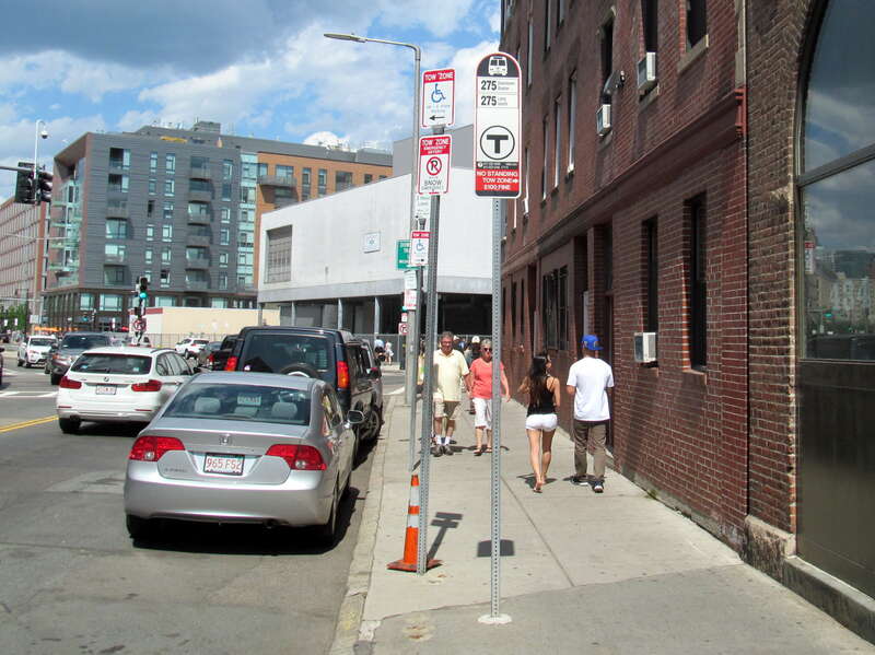 Bus stop for the since-defunct route 275 bus in front of the Pine Street Inn (a homeless shelter and outreach center) in August 2016. The route ran between downtown Boston and the shelter on Long Island; it was merged into similar route 276 in