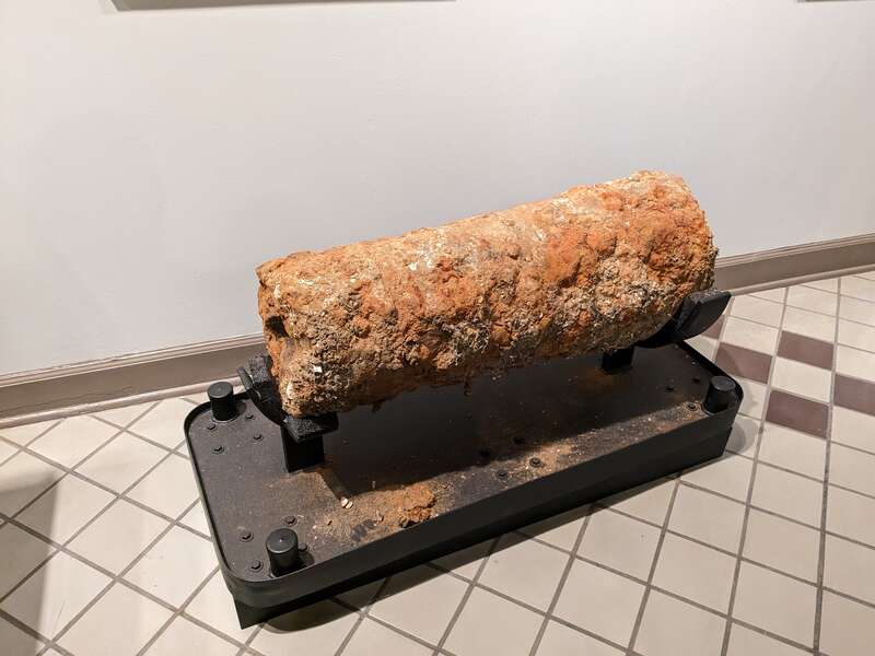 A historic cannon recovered from a wreck in the Savannah River, intentionally un-conserved.
